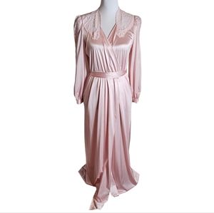 Vintage Lorraine Pink Satin Lace Maxi Robe Sz Small Nylon Belted Feminine Glam